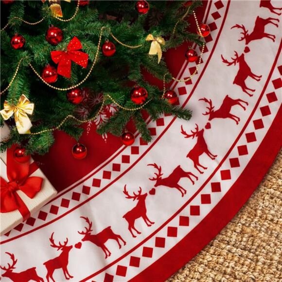 48-inch Christmas Tree Skirt - Snowflake & Reindeer Design, Rustic Red - Picture 1 of 7
